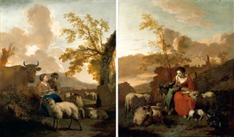 AN ITALIANATE LANDSCAPE WITH A SHEPHERDESS ATTENDING HER ANIMALS AND READING A LETTER TO HER SON; AN ITALIANATE LANDSCAPE WITH A SHEPHERDESS AND HER SON TENDING THEIR ANIMALS, A FARMHOUSE BEYOND - Simon van der Does