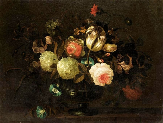 STILL LIFE WITH A TULIP, ROSES, CARNATIONS, MORNING GLORY AND OTHER FLOWERS IN A GLASS VASE ON A STONE LEDGE by Pieter Hardimé