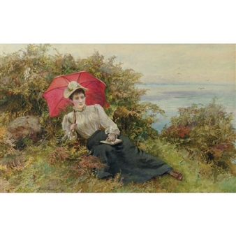 WOMAN RECLINING WITH RED PARASOL - Arthur Hopkins