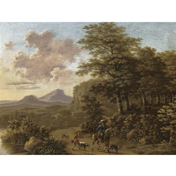 An Italianate landscape with huntsmen and their hounds on a road beside a river by Willem de Heusch