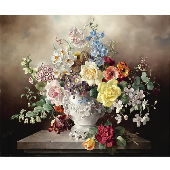 Harold Clayton | still life with flowers in a white pot | MutualArt