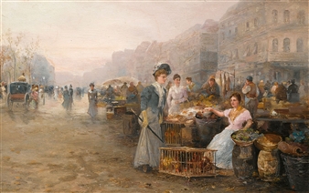 figures on a flower market; a busy market (a pair) - Emil Barbarini