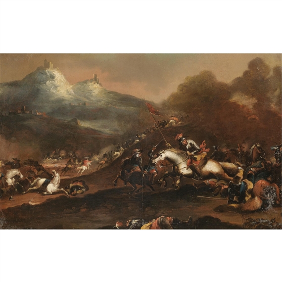 A cavalry battle by German School, 18th Century