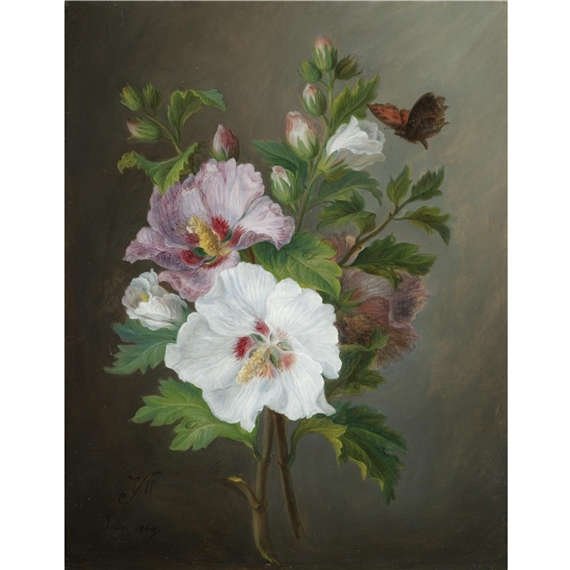 A still life of a bouquet Rose of Sharon by Joseph-Laurent Malaine
