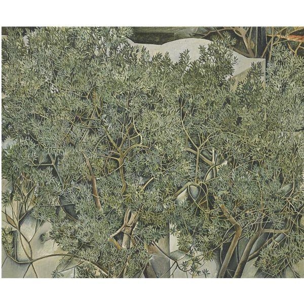 Artwork by Patrick Swift, TREES WITH CURVED ROOF IN BACKGROUND, Made of oil on canvas laid on board