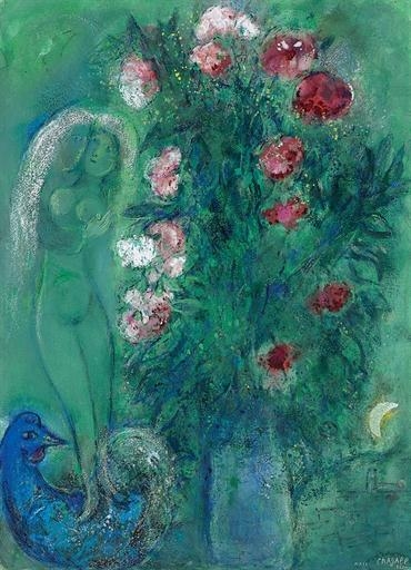 Bouquet d'oeillets aux amoureux en vert by Marc Chagall, 1950