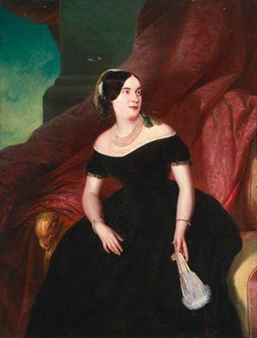 Portrait of a Lady with Pearl Necklace and Fan - Leopold Pollak