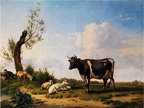 LANDSCHAFT MIT KUH, ZIEGEN, SCHAFEN UND SCHLAFENDEM SCHÄFER - Pierre Emanuel Dielman the younger