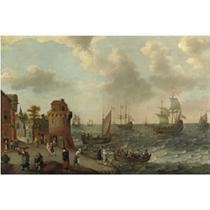 A COASTAL LANDSCAPE WITH NUMEROUS FIGURES ON THE SHORE, A DUTCH FLEET SETTING SAIL, AND A ROWING BOAT APPROACHING THE SHORE - Abraham Willaerts