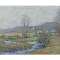 A hazy landscape painting featuring a winding stream, bare trees, and distant houses under a muted sky.