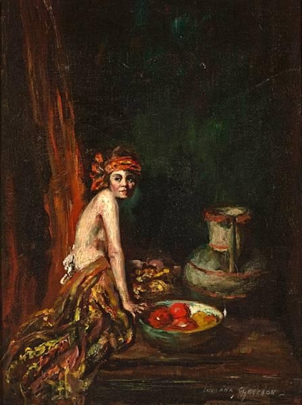 Woman with bowl of fruit by Indiana Gyberson