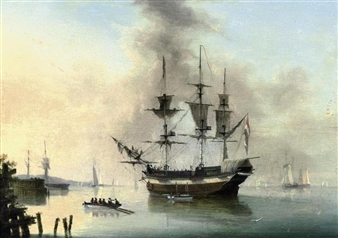 A Dutch trading vessel and other small craft in a calm - D. de Briest