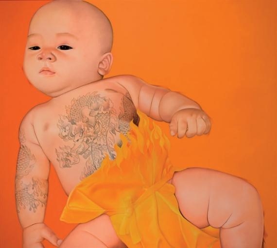 A surreal portrait of a baby with tattoos and a yellow cloth against an orange background.