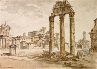 A sepia-toned sketch of classical ruins and a distant church under a cloudy sky.