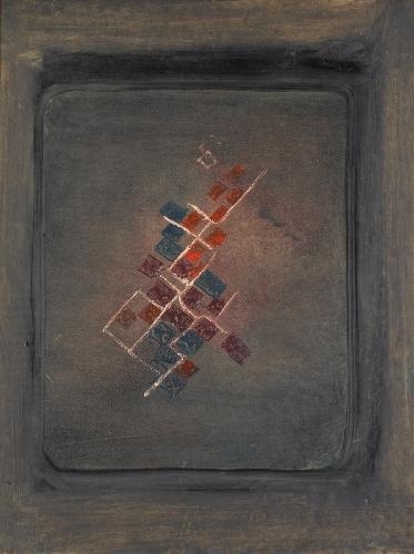 Artwork by Fritz Winter, KOMPOSITION IN ROT UND SCHWARZ I (COMPOSITION IN RED AND BLACK I), Made of Oil on paper on canvas