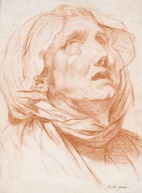 A portrait study of an old women, looking upwards by Jean-Baptiste Greuze