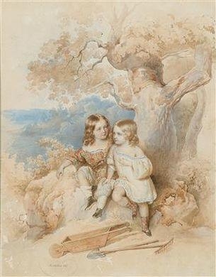 Brother and sister, seated under an oaktree, with a handbarrow, a rake and a shovel