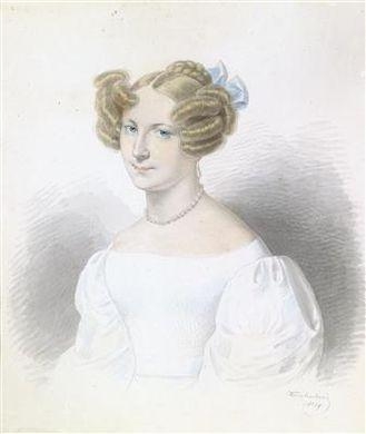 A portrait of a lady with a blue hair bow by Josef Kriehuber, 1827