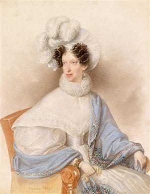 A portrait of a lady in a white dress and a lightblue cape with a plumed hat, seated in an armchair