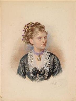 A portrait of a young woman with violets in her hair