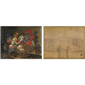 TWO WORKS: NATURA MORTA CON ANEMONI, GIACINTI, TROMBONI E GIUNCHIGLIE IN UNA COPPA DI; METALLO (RECTO); VEDUTA DEL CAMPIDOGLIO (VERSO) - Filippo Gagliardi