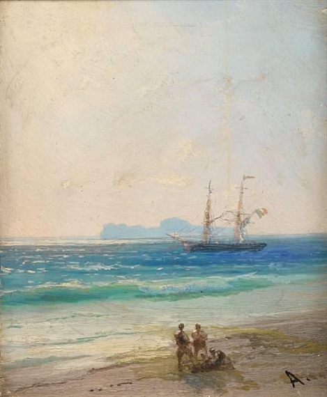 A view of Capri from the Italian mainland, with an Italian brig anchored offshore by Ivan Aivazovsky, 1896