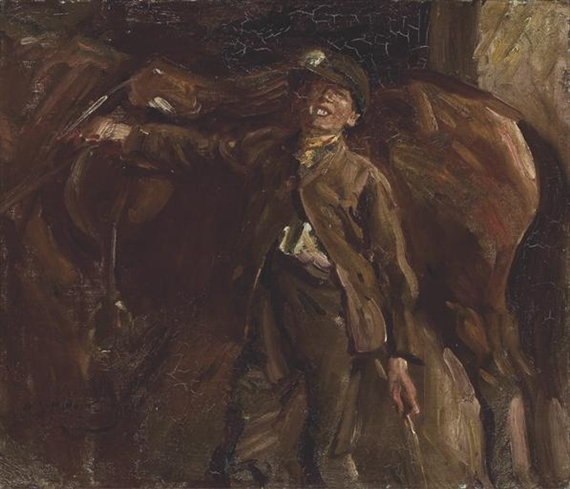 A groom and horse in a stable