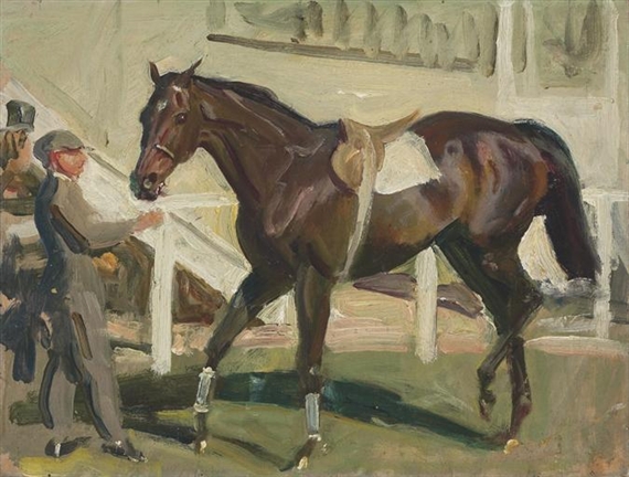 In the Unsaddling Enclosure at Epsom by Sir Alfred James Munnings, circa 1948