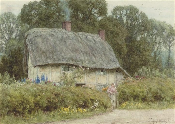 A young girl outside a cottage in Hagbourne, Berkshire by Helen Allingham
