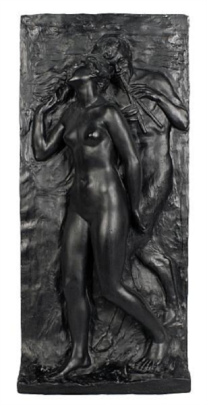 A bronzed plaster of a satyr and nymph by Richard Garbe, 1914