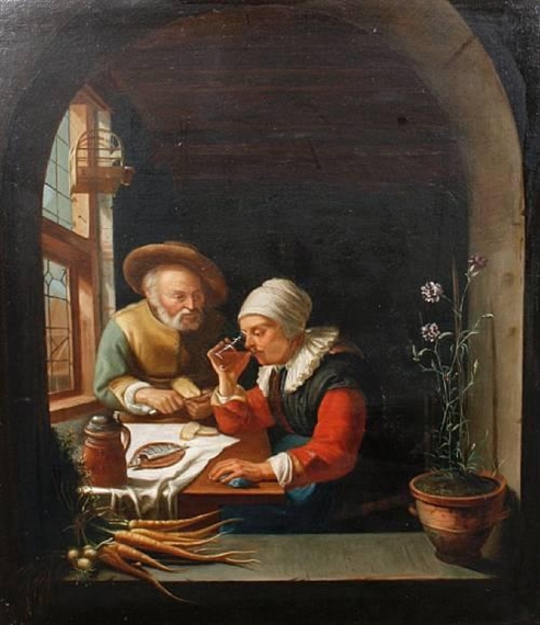 L. Dumini | Two old peasants eating in a kitchen interior, within a ...