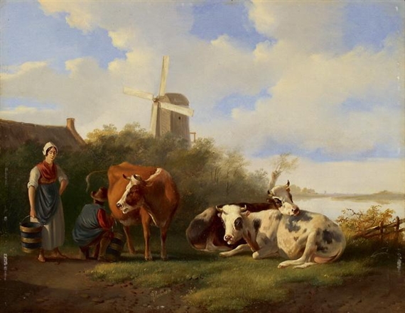 Bauer und Bäuerin beim Melken by Albertus Verhoesen