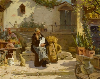 Ein Kapuzinermönch bei der Gartenarbeit mit Katze und Hasen - Simon Durand