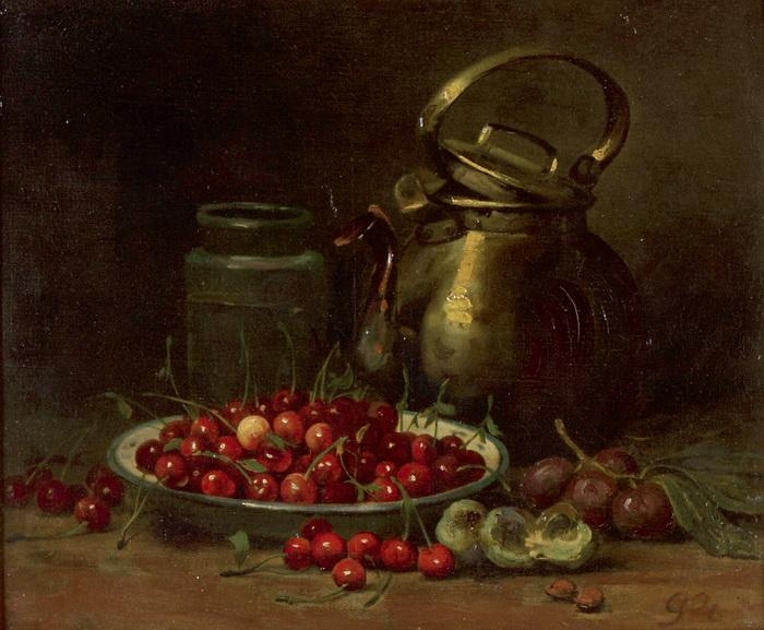 Artwork by Monogrammist G.U.., Stillleben mit Kanne und Kirschen, Made of Oil on canvas