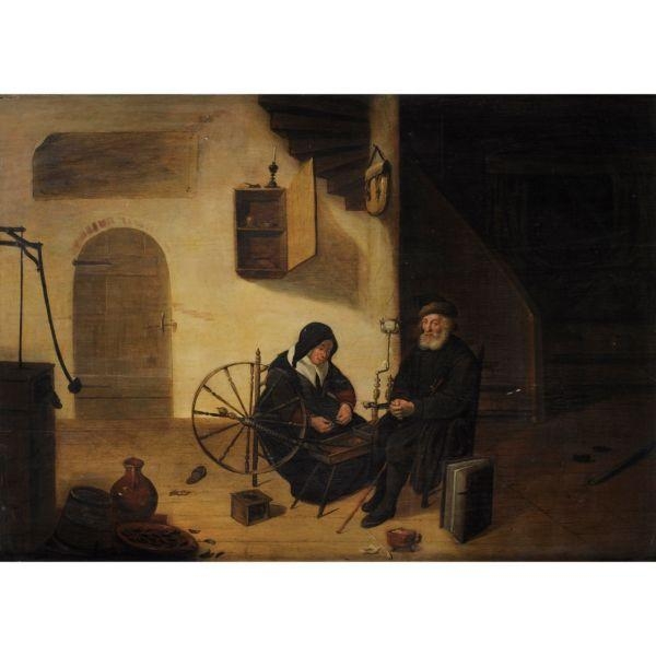 INTERIOR WITH AN OLD COUPLE AT A SPINNING WHEEL by Quirijn van Brekelenkam