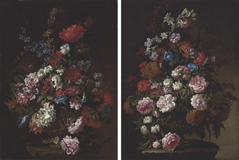 Peonies, carnations, daisies, larkspur and other flowers in an ornamental urn on a stone ledge; and Chrysanthemums, peonies, asters, morning glory, and other flowers in an ornamental urn on a stone ledge - Paolo Porpora