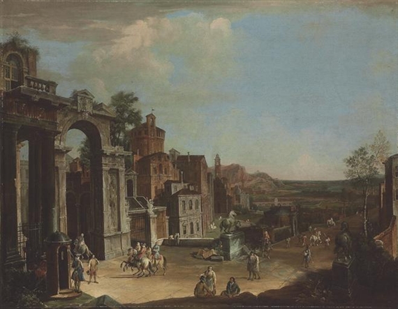 A capriccio landscape with figures by a town gate by Francesco Simonini