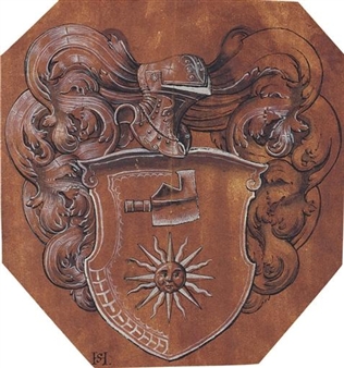 Design for a coat of arms with a sun and an axe-head, surmounted by a helm - Hans Sur