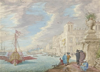 View of an Italianate harbour with elegant barges setting out from port - Johann Wilhelm Baur