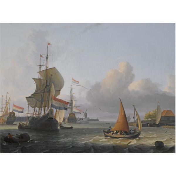 Artwork by Ludolf Backhuysen I, SHIPPING ON THE IJ AT VOLEWIJK NEAR AMSTERDAM, Made of oil on canvas