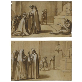 TWO EPISODES FROM THE LIFE OF ST FRANCIS DE PAULA: A PRINCE ATTENDED BY TWO PAGES KNEELING WHILE BEING CROWNED BY THE SAINT; THE SAINT ADMONISHING A NOBLE WOMAN ATTENDED BY TWO OTHER WOMEN AND CRIPPLES BY AN ALTAR - Vincenzo Carducci