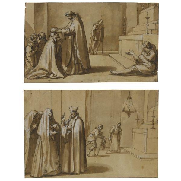 Artwork by Vincenzo Carducci, TWO EPISODES FROM THE LIFE OF ST FRANCIS DE PAULA: A PRINCE ATTENDED BY TWO PAGES KNEELING WHILE BEING CROWNED BY THE SAINT; THE SAINT ADMONISHING A NOBLE WOMAN ATTENDED BY TWO OTHER WOMEN AND CRIPPLES BY AN ALTAR, Made of pen and brown ink heightened with white (partly oxidized), over black chalk on light brown washed paper
