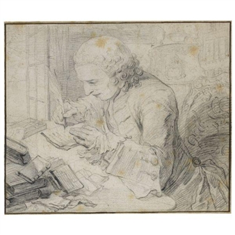 PORTRAIT OF MICHEL-JEAN SEDAINE, WRITING AT HIS DESK - Gabriel Jacques de Saint-Aubin