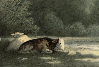 Cows on the riverbank - Josef Szermentowski