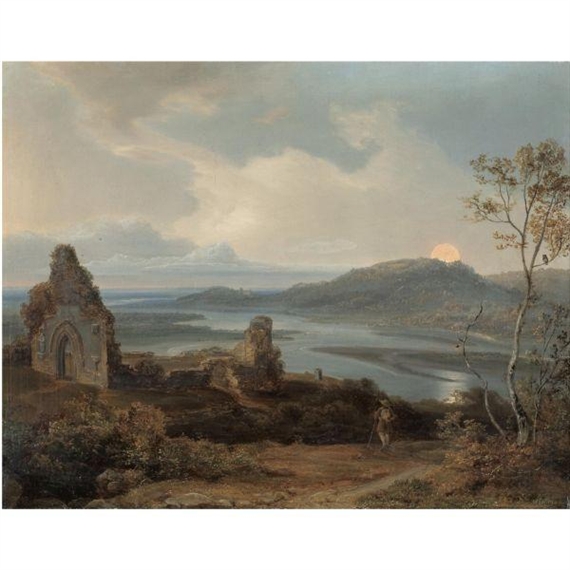 RUINE EINER KAPELLE IN DER NÄHE EINES FLUSSES BEI AUFGEHENDEM MOND (RUIN OF A CHAPEL NEAR A RIVER WITH RISING MOON) by Carl Rottmann