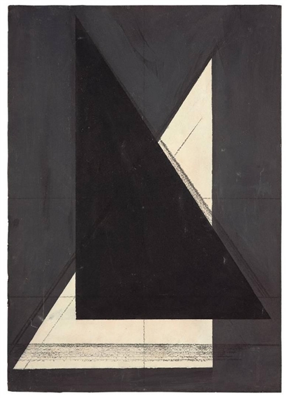 SCHWARZER KEIL ÜBER WEISSEM VOR DUNKLEM GRAUBLAU MIT KONSTRUKTIONSLINIEN by Hermann Glöckner, Circa 1936