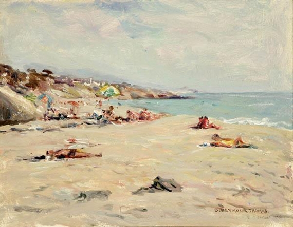 Laguna Beach, figures and umbrellas at the beach by Stephen Thomas, 1942