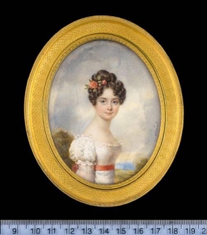 Colette de Reiset, Baronne de Beuronville (1805-1833), wearing white dress with salmon-pink ribbon waistband and pink roses in her hair, landscape background - Daniel Saint
