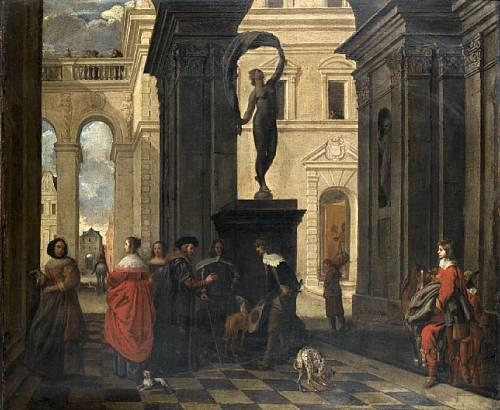 Elegant figures gathered in a palace courtyard by Jacob van Oost