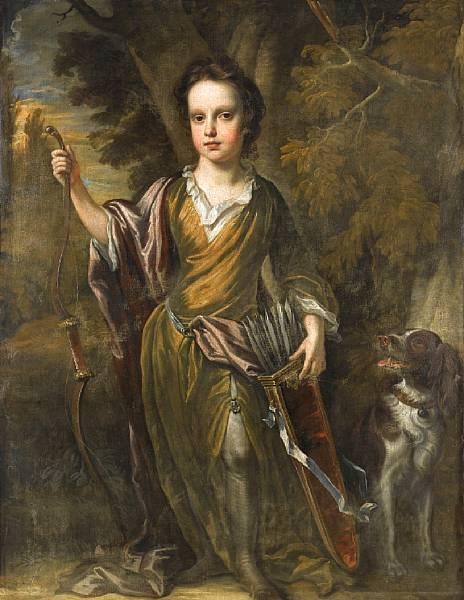 Artwork by John Closterman, Portrait of David Papillon (1691-1762), standing full-length, holding a bow and quiver, a spaniel at his side, Made of oil on canvas